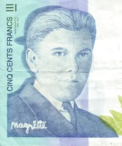 Detail 500 franc note showing portrait of Magritte
